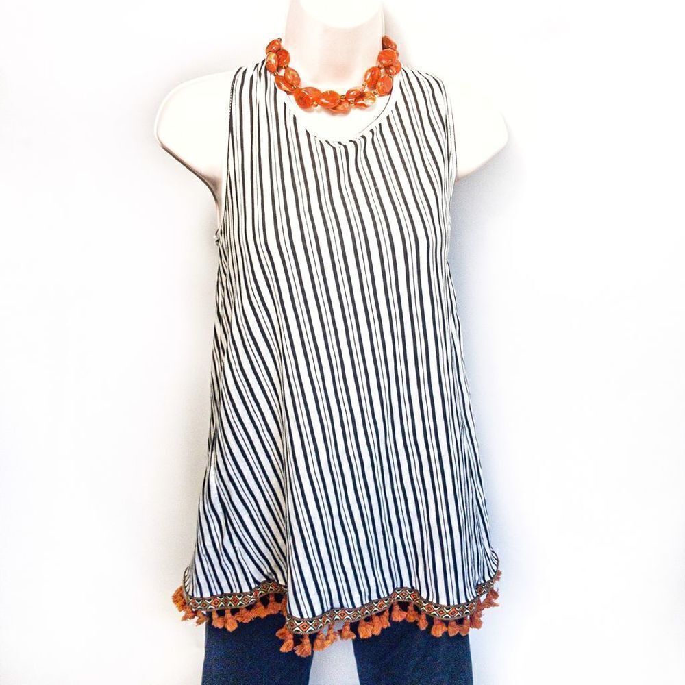Anthropologie W5 Striped Tunic Tank Fringed Sz L Plus Necklace